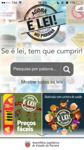 Screenshot da área de buscas do aplicativo Agora É Lei No Paraná