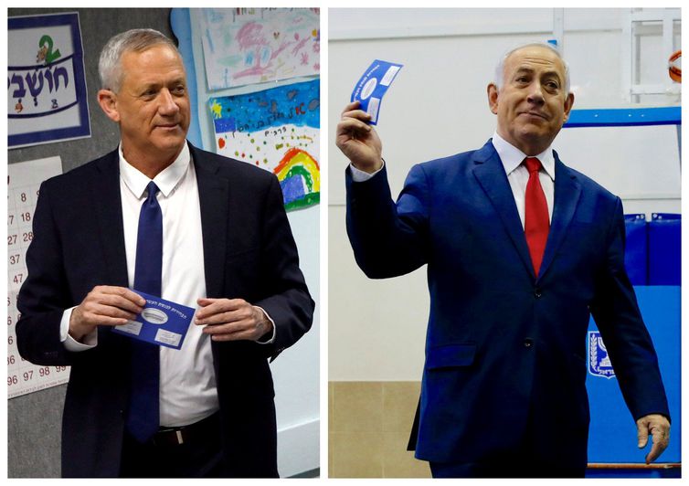 Uma imagem combinada mostra Benny Gantz (à esquerda), líder do partido Azul e Branco votando em Rosh Haayin e o primeiro-ministro de Israel, Benjamin Netanyahu, votando em Jerusalém durante a eleição parlamentar de Israel.