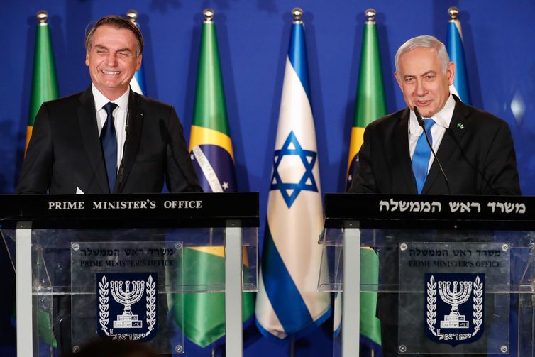 O presidente da República, Jair Bolsonaro, e o primeiro-ministro de Israel, Benjamin Netanyahu, durante declaração conjunta em Jerusalém.